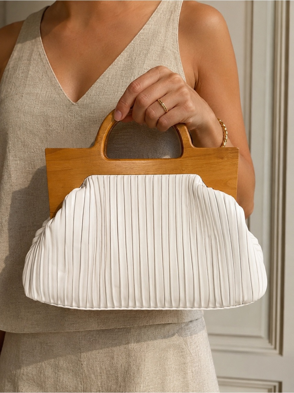 White Pleated Frame Handle Tote Bag